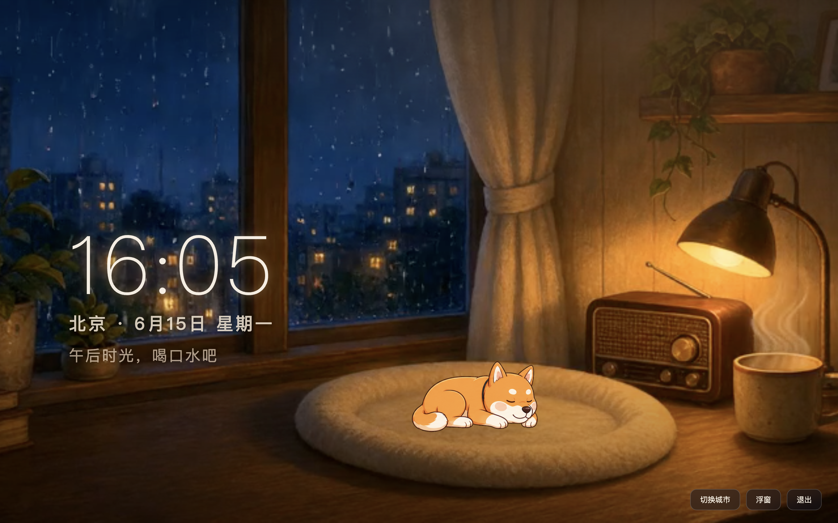 深夜陪伴模式：城市雨夜窗邊、當地時間時鐘與蜷睡的狗狗